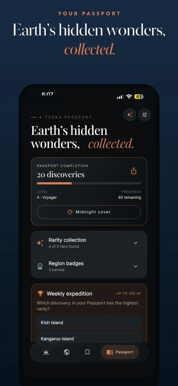 Terravel App Store screenshot showing your personal Passport