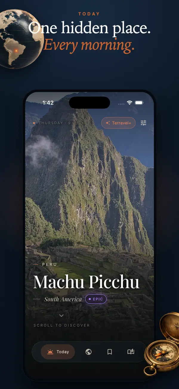 Terravel App Store screenshot showing a daily place reveal