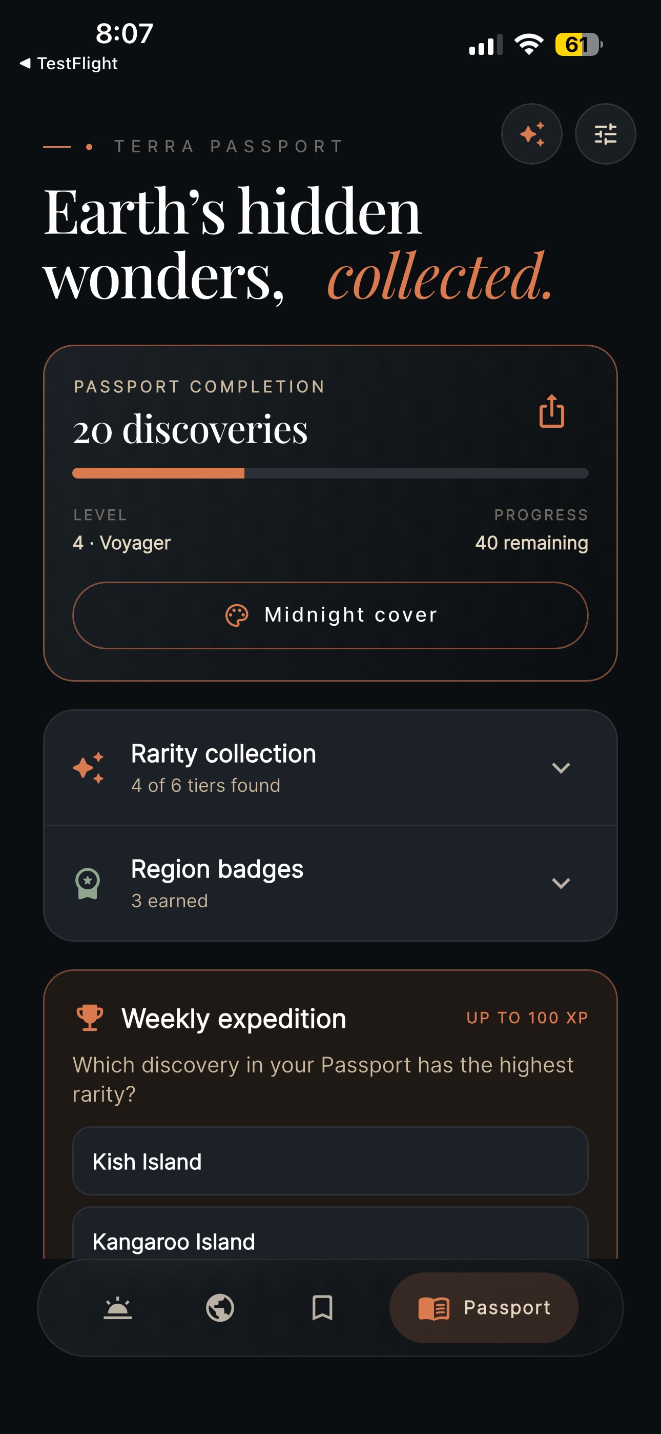 Terravel Passport with completion, rarity, and region progress