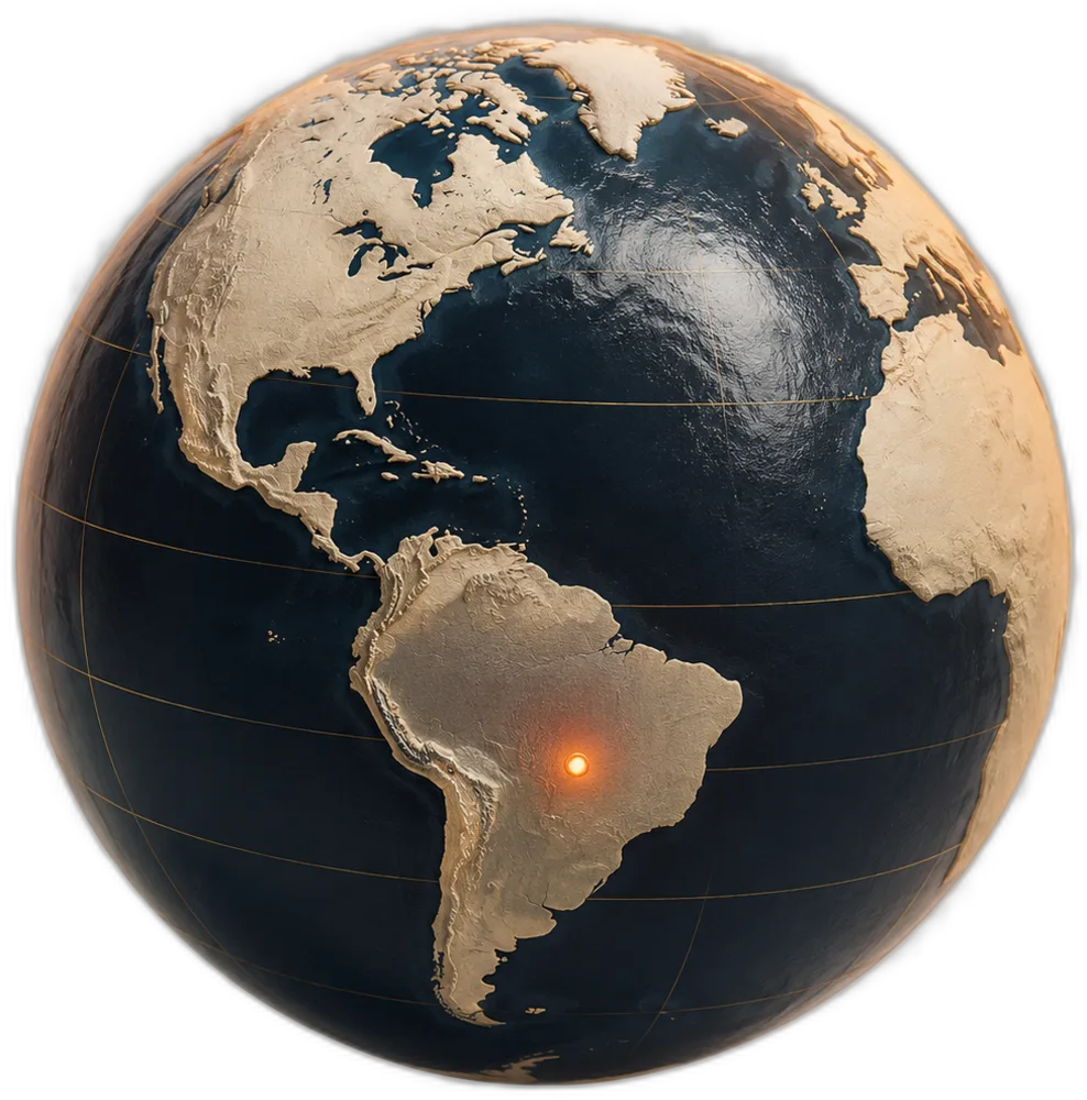 A sculpted globe with golden continents and deep blue oceans